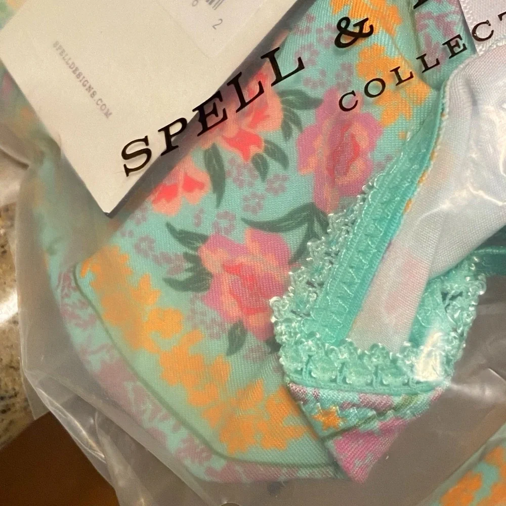 SPELL TEAL GREEN PINK FLORAL PRINT SAGE CITY LIGHTS TRI BRALETTE TRIANGLE BRA - Picture 3 of 6